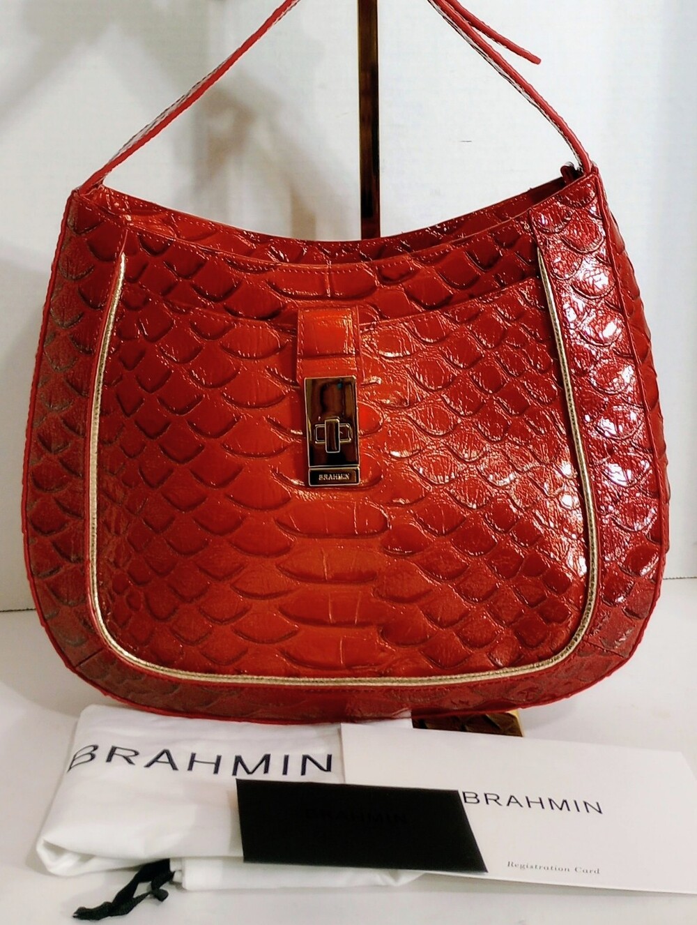 🔥 Brahmin Heat Brasilia Small Johanna Red Croc Embossed Leather Crossbody Bag